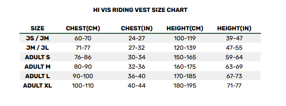 2025 WOOF WEAR HI VIS RIDING VEST  Size Chart
